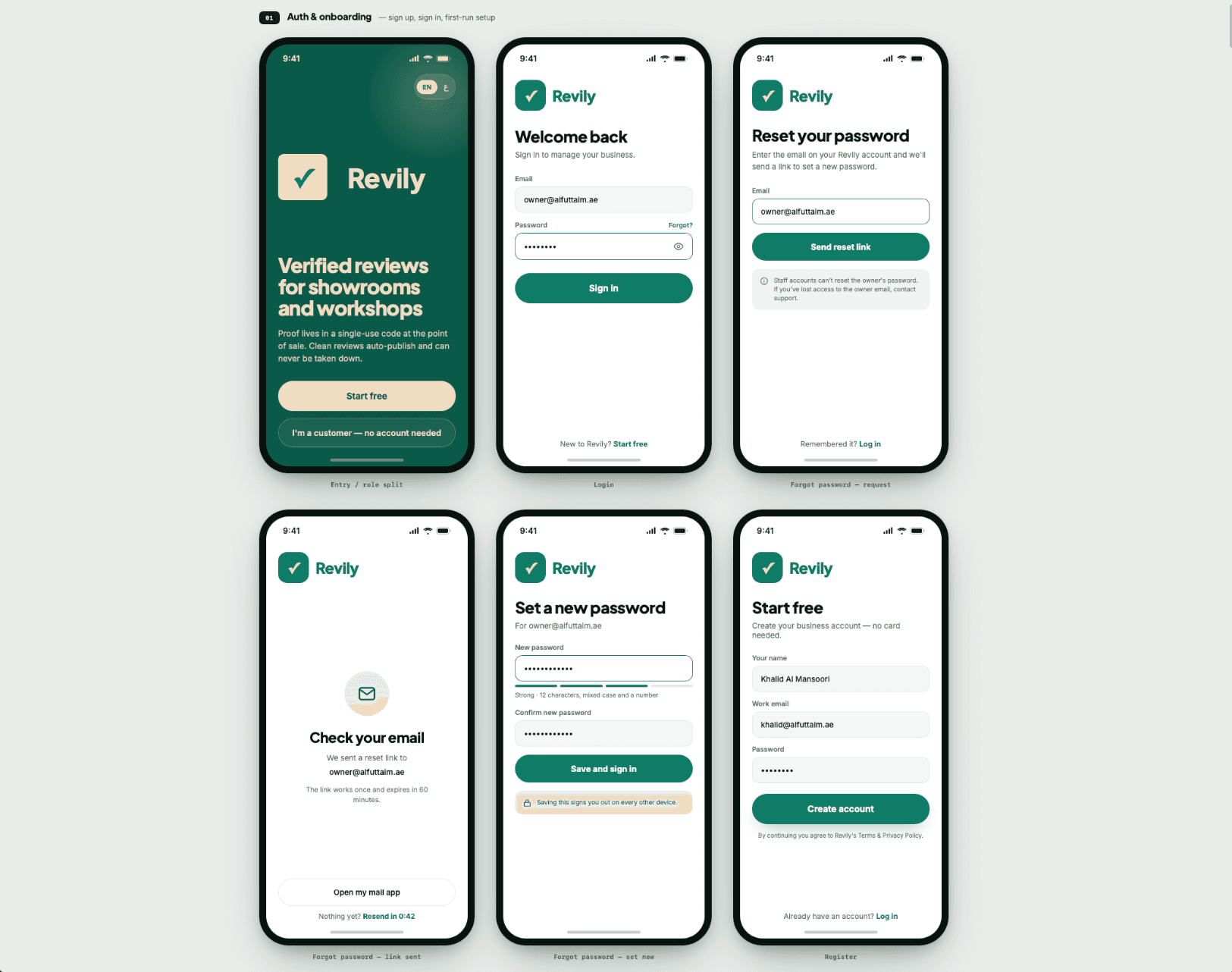 Revily's business profile and its mobile review flow — Screen 2 of 2